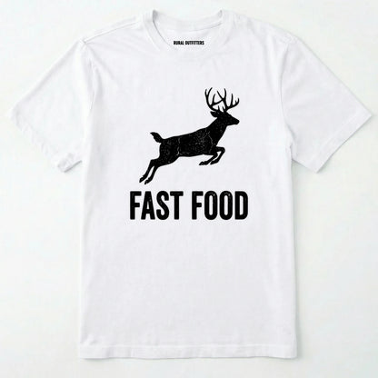 White t-shirt with black deer graphic and 'fast food' text on a white background