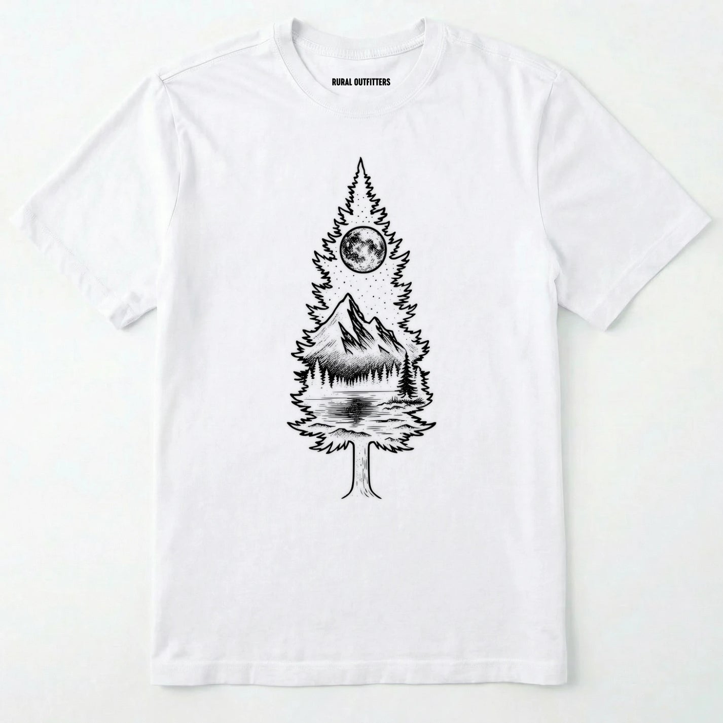 White tree t-shirt featuring a detailed white graphic of a pine tree silhouette. the tree outline contains a landscape scene: a mountain peak rising over a forested shoreline, with its reflection visible in a lake below. above the mountain is a starry night sky and a full or partial circle representing the moon or sun.
