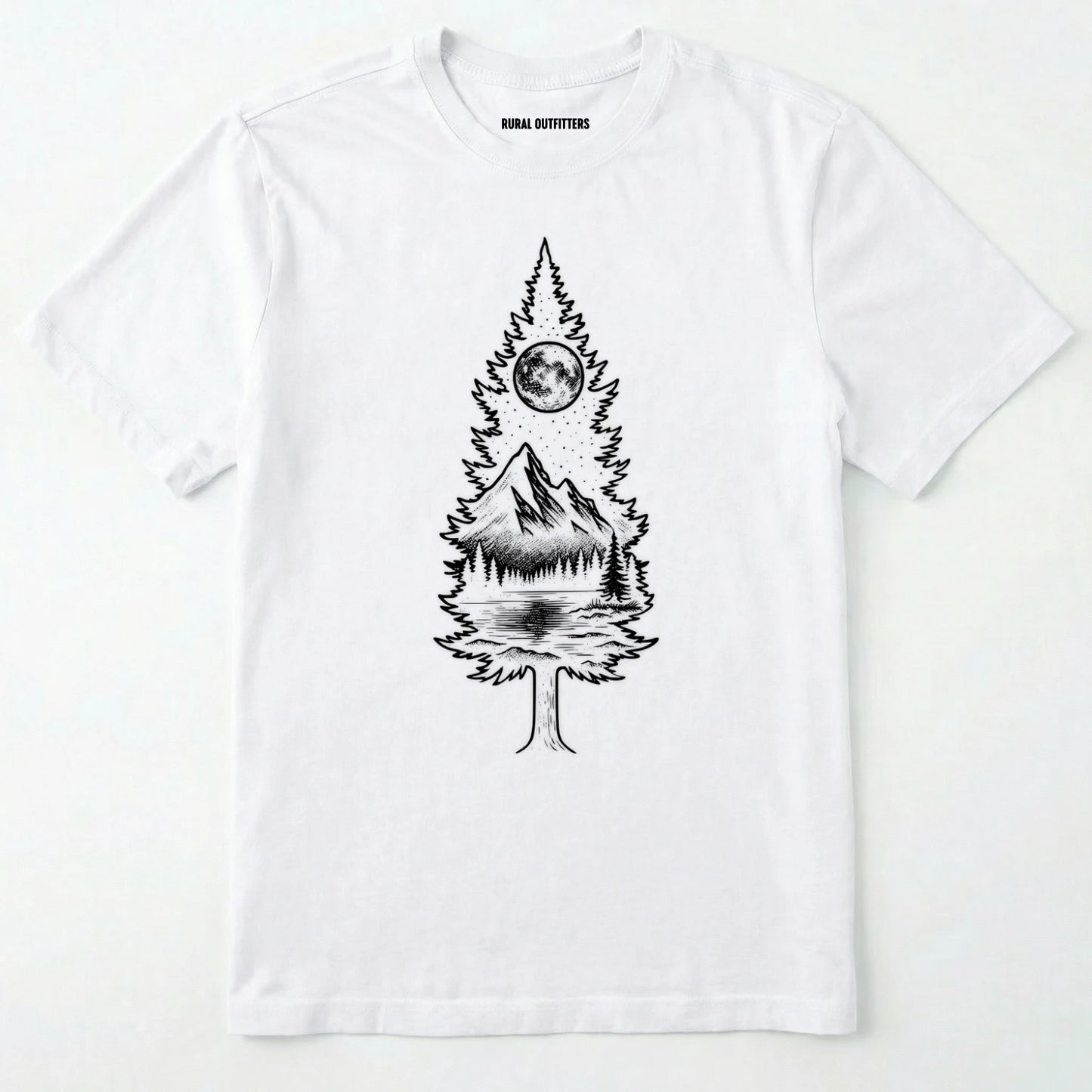 White tree t-shirt featuring a detailed white graphic of a pine tree silhouette. the tree outline contains a landscape scene: a mountain peak rising over a forested shoreline, with its reflection visible in a lake below. above the mountain is a starry night sky and a full or partial circle representing the moon or sun.