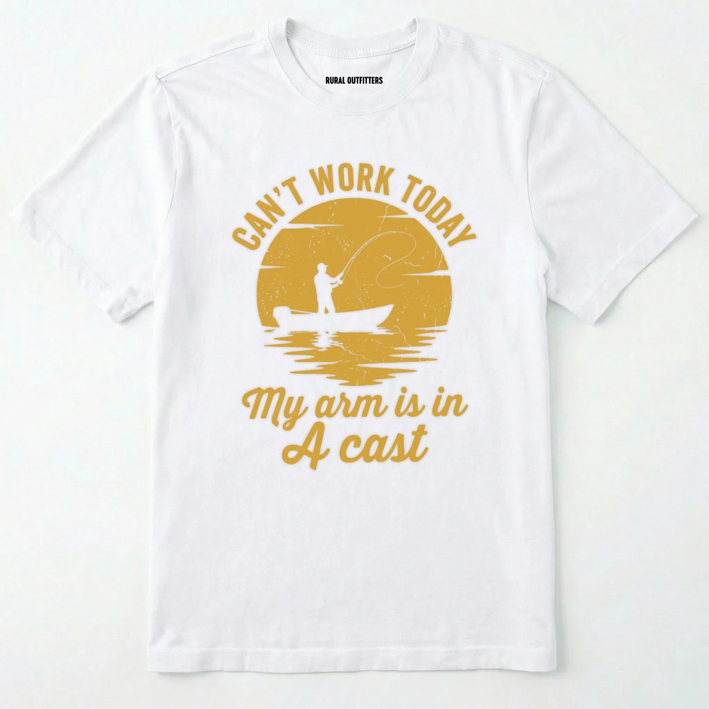 White t-shirt with yellow graphic and text on a white background