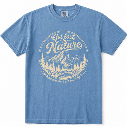 Blue Jean short-sleeve crewneck t-shirt with a vintage-style cream graphic on the chest depicting mountains, pine trees, and the text 'Get lost in Nature' and 'And hope you don't get eaten by bears'.