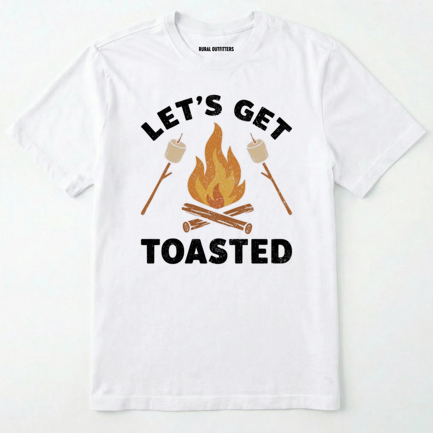 White let⊙s get toasted shirt with campfire and roasting marshmallow graphic on a white background