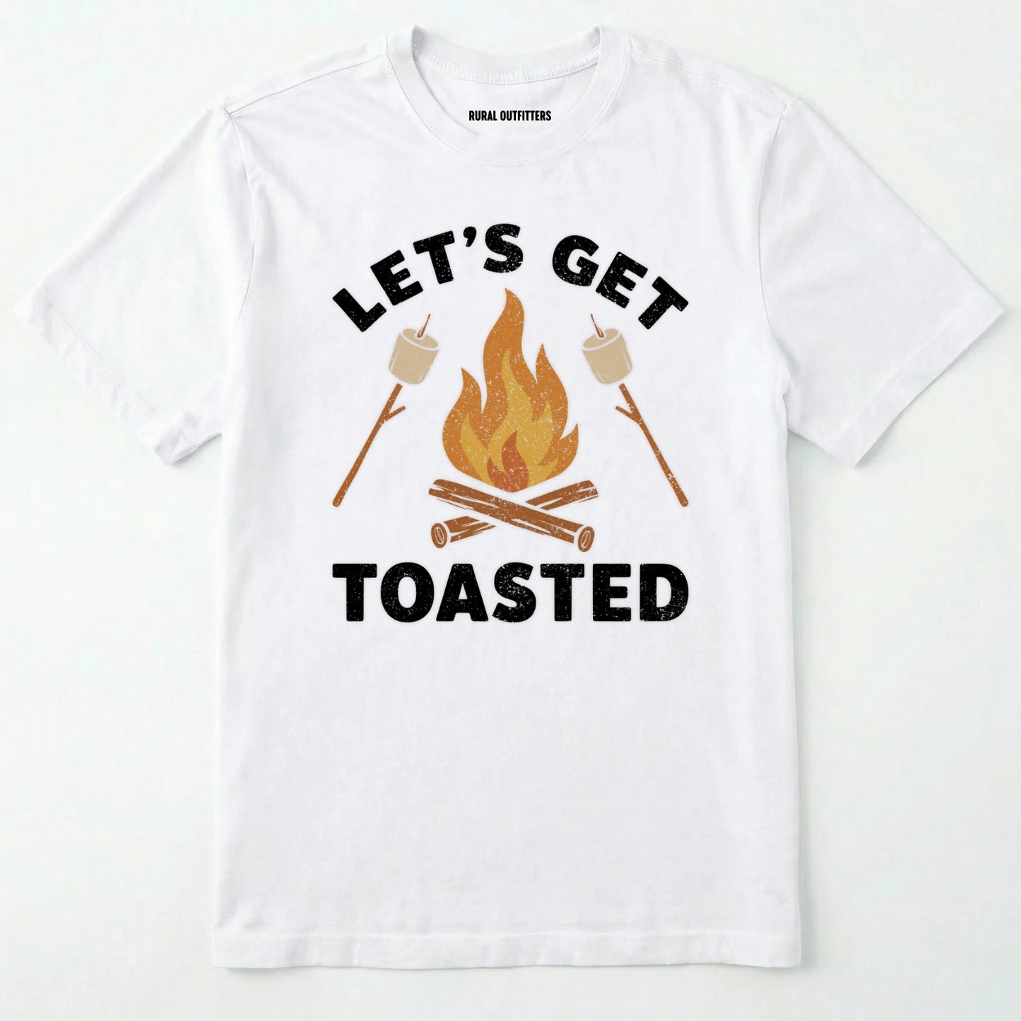 White let⊙s get toasted shirt with campfire and roasting marshmallow graphic on a white background