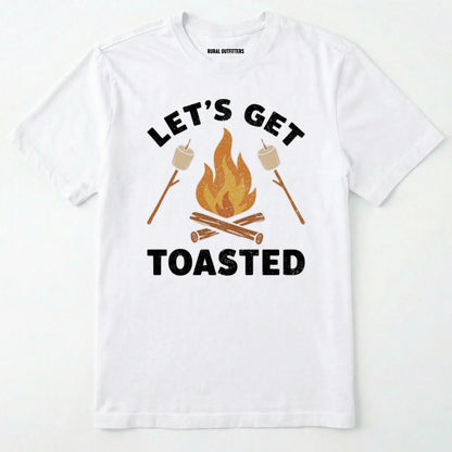 White let⊙s get toasted shirt with campfire and roasting marshmallow graphic on a white background