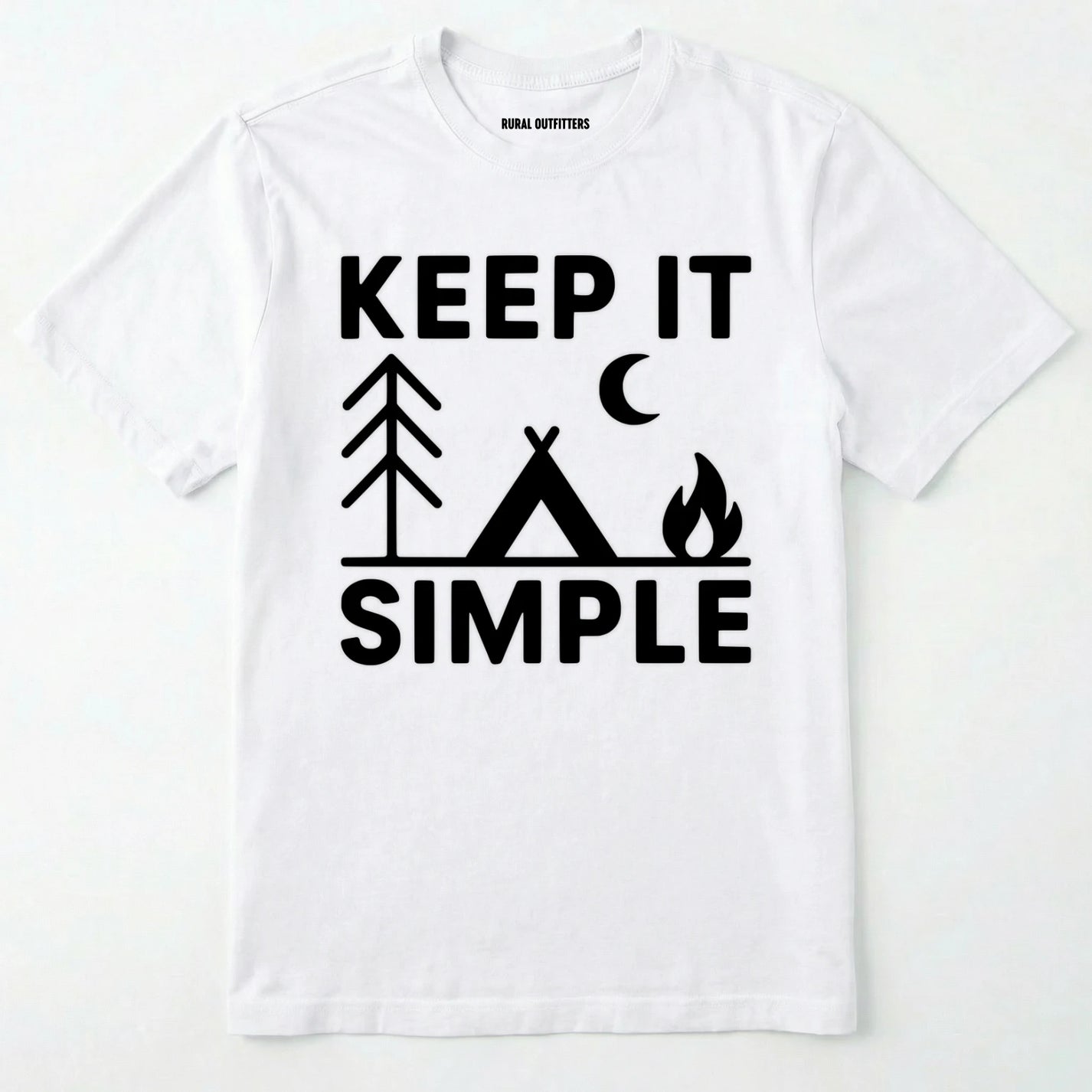 White keep it simple camping t-shirt with tent and campfire graphic on a white background