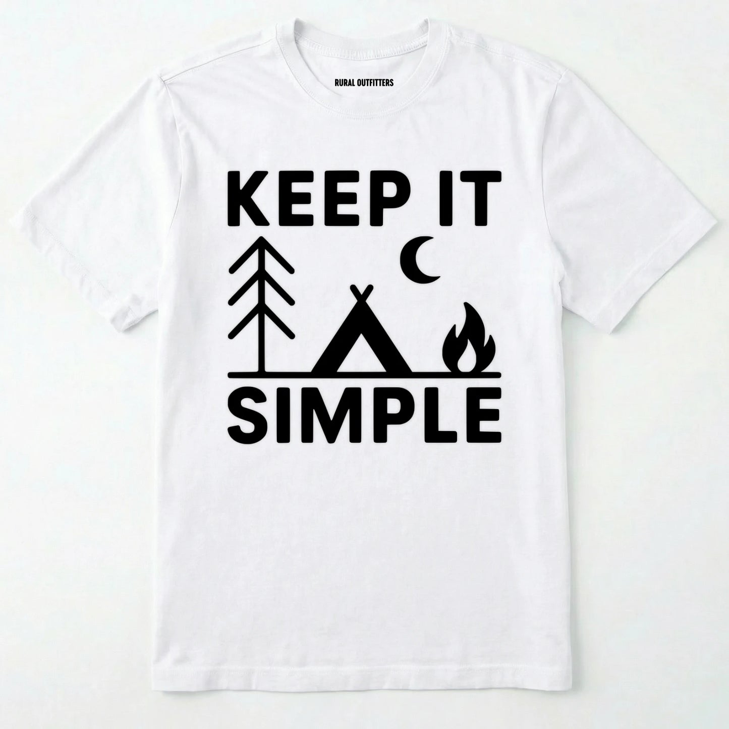 White keep it simple camping t-shirt with tent and campfire graphic on a white background