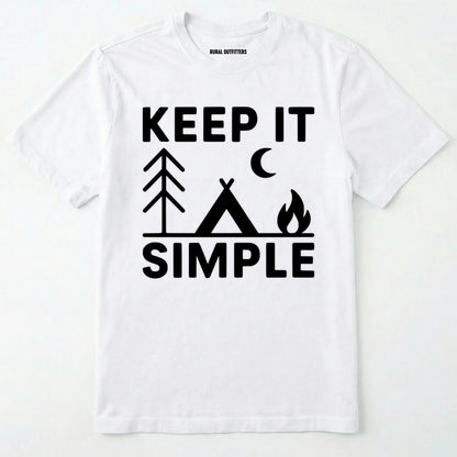 White keep it simple camping t-shirt with tent and campfire graphic on a white background