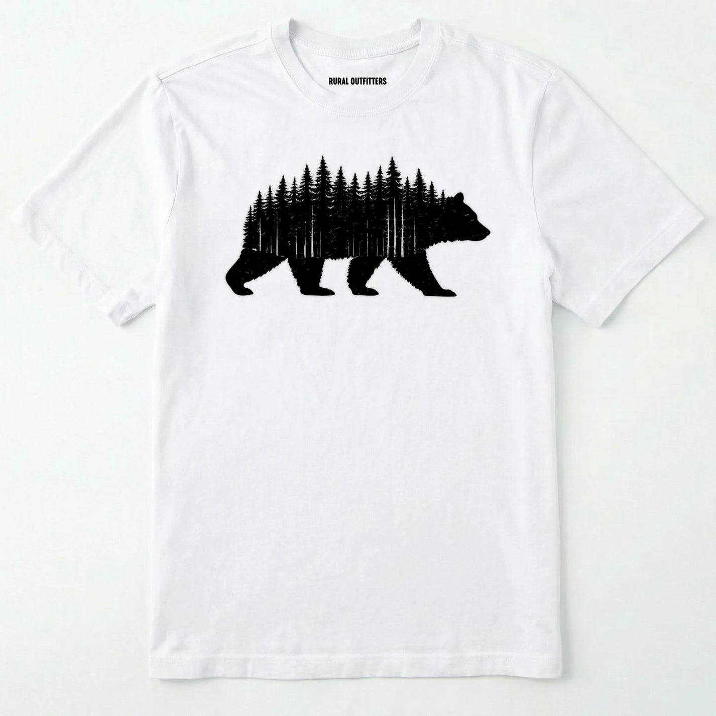 White t-shirt with a black bear and forest design on a white background