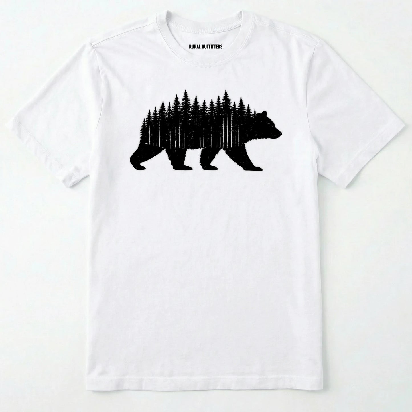 White t-shirt with a black bear and forest design on a white background
