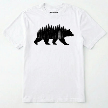 White t-shirt with a black bear and forest design on a white background