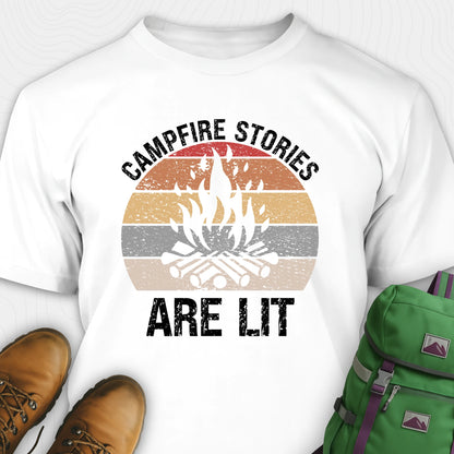 White campfire stories are lit t-shirt with campfire and retro design