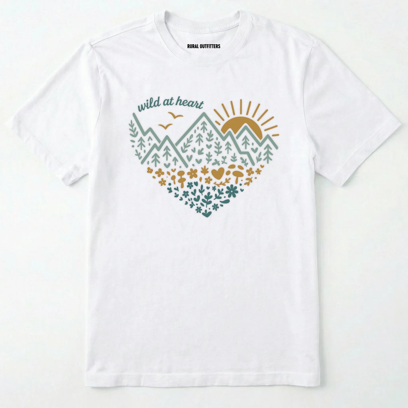 White wild at heart t-shirt featuring a nature-inspired heart graphic on a white background.