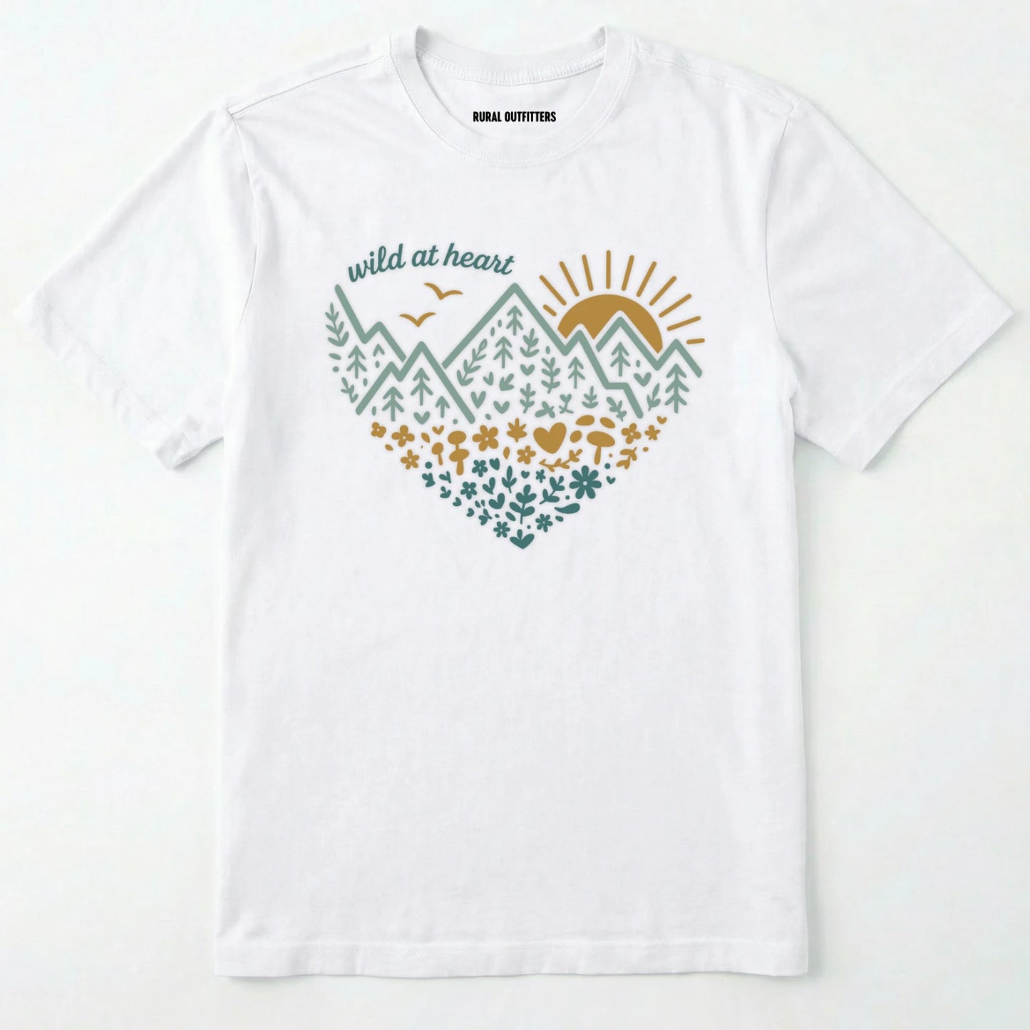 White wild at heart t-shirt featuring a nature-inspired heart graphic on a white background.
