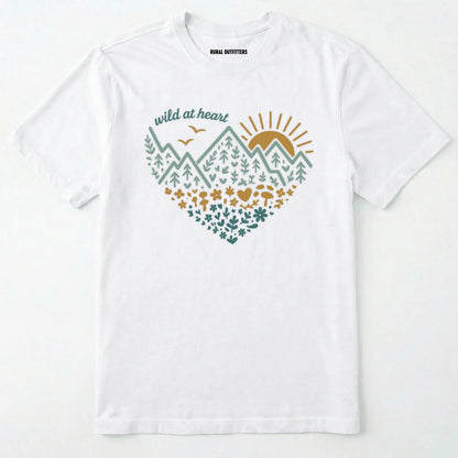 White wild at heart t-shirt featuring a nature-inspired heart graphic on a white background.