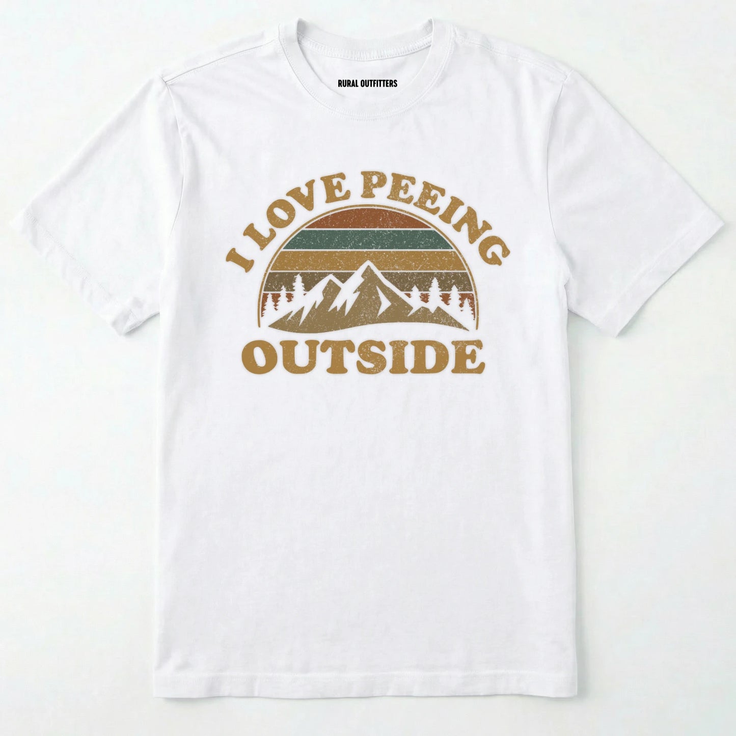 White i love peeing outside shirt with a retro mountain graphic on a white background.