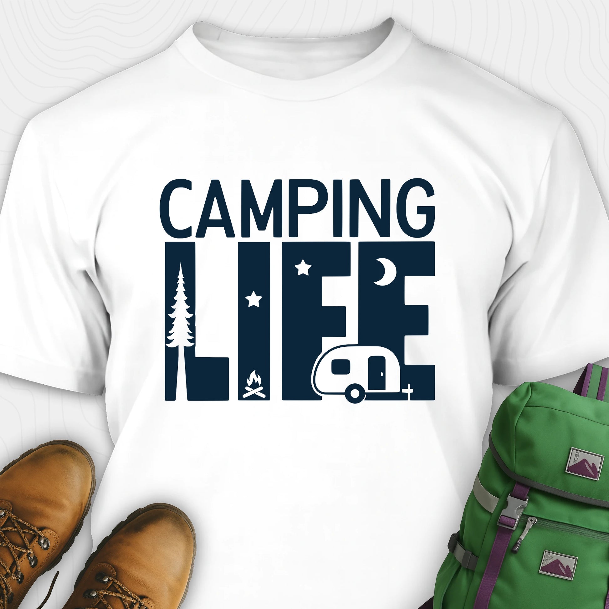 White camp life shirt featuring camper and pine tree design