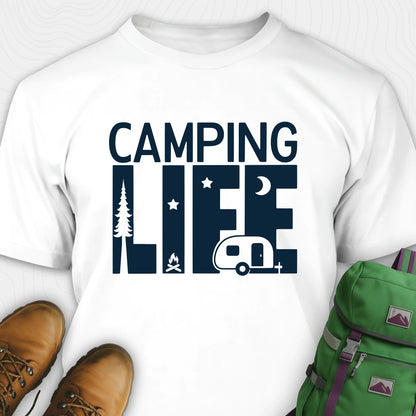 White camp life shirt featuring camper and pine tree design