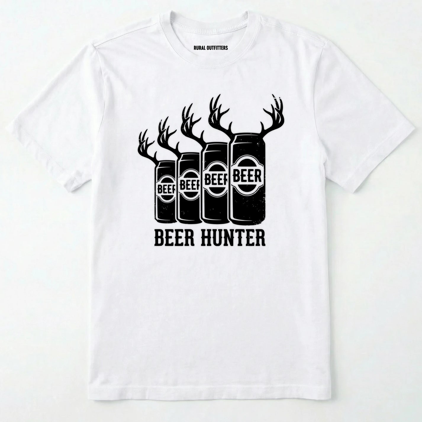 White t-shirt with 'beer hunter' graphic design featuring beer cans with antlers on a white background.