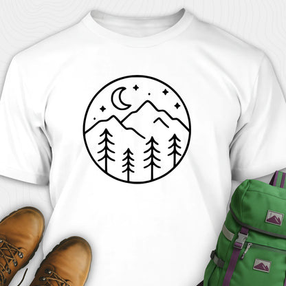 White moon and stars shirt with minimalist mountain and forest design