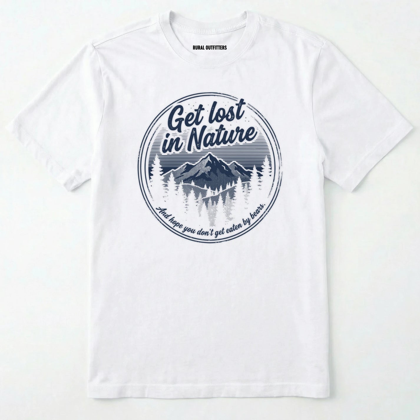 White t-shirt with nature-themed design and text on a white background
