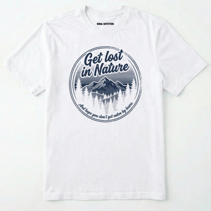 White t-shirt with nature-themed design and text on a white background