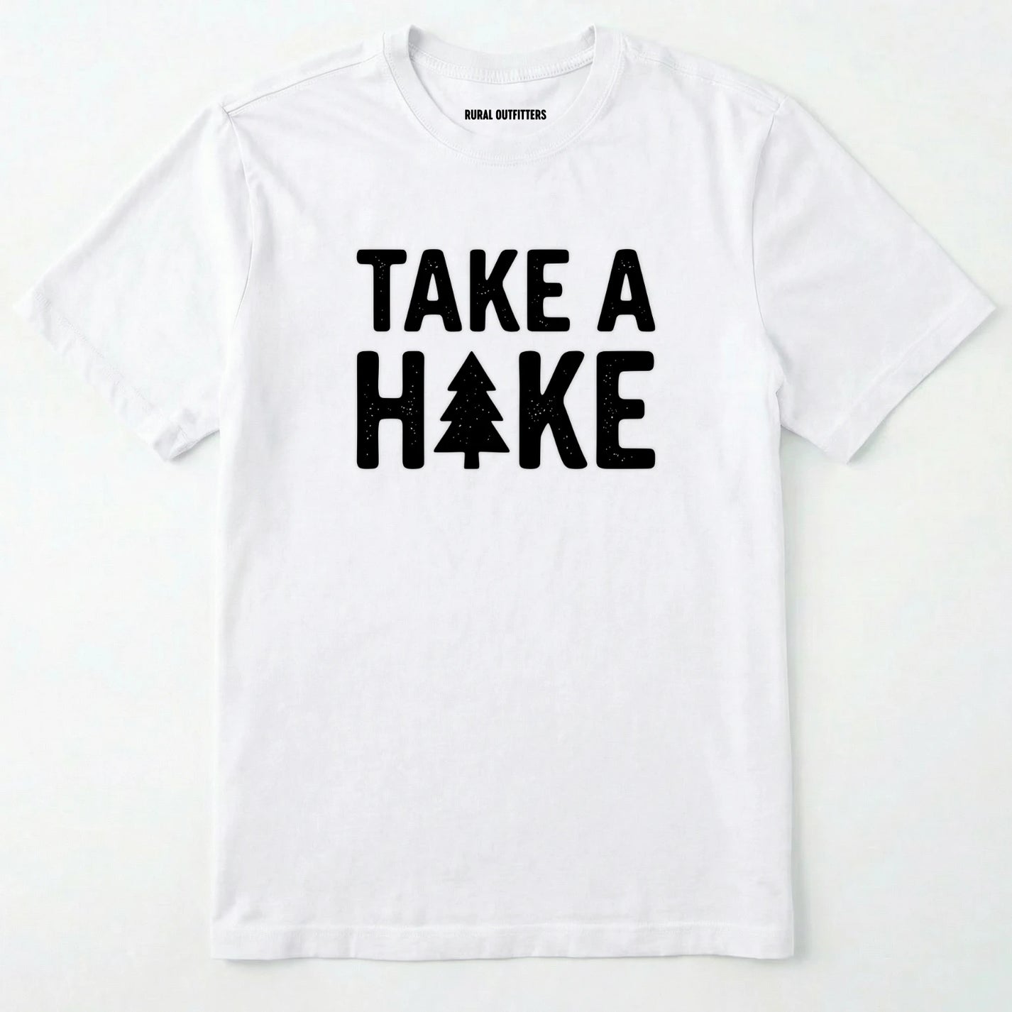 White t-shirt with 'take a hike' text on a white background