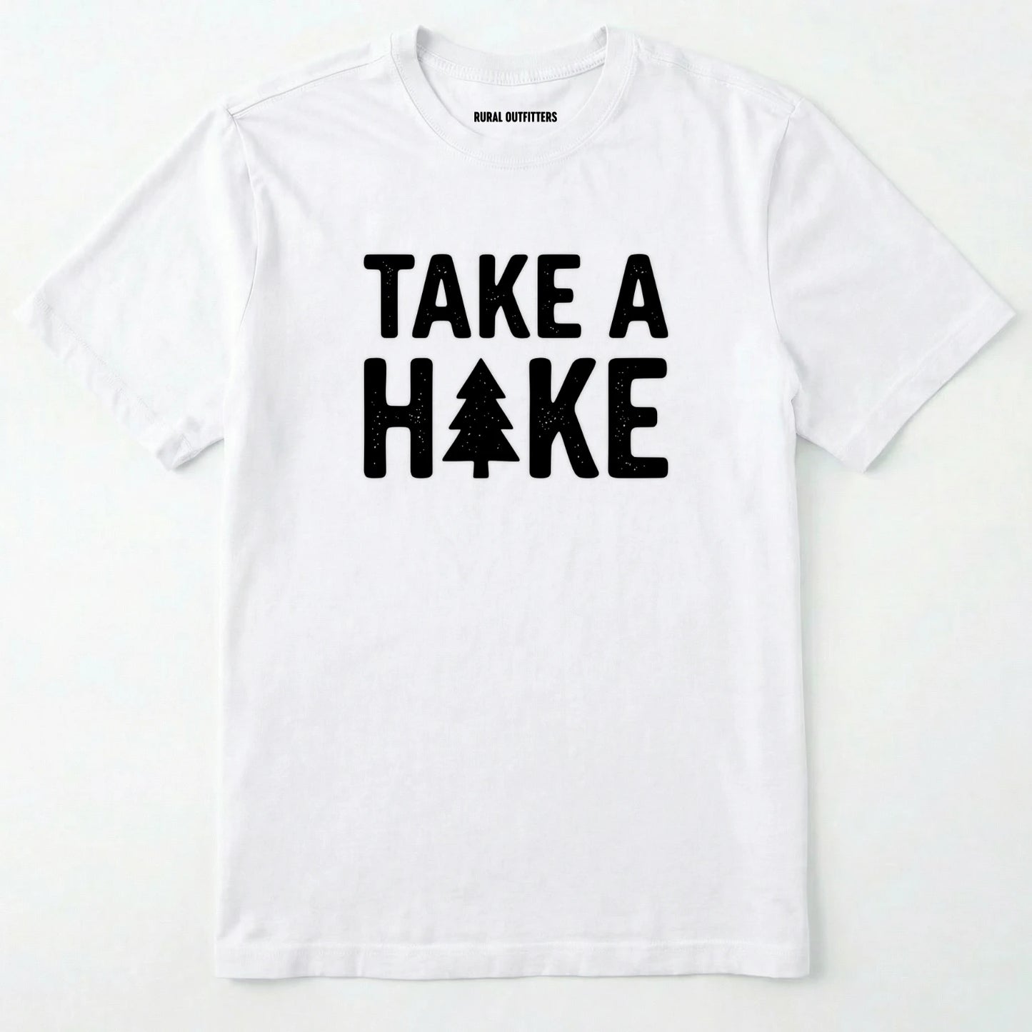 White t-shirt with 'take a hike' text on a white background