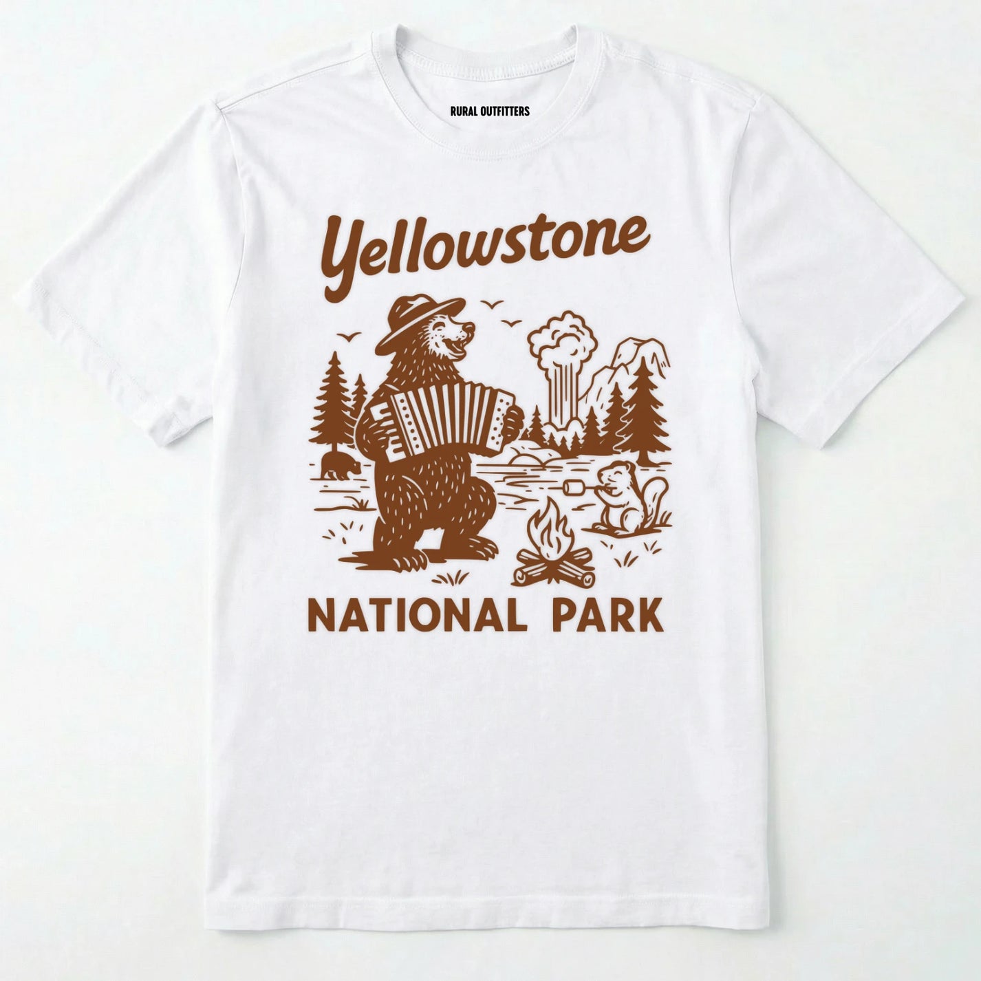 White yellowstone national park t-shirt with a brown bear playing an accordion graphic.