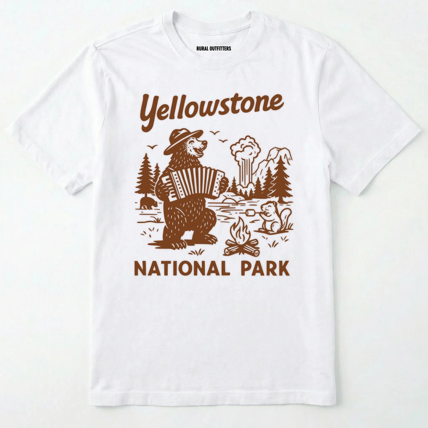 White yellowstone national park t-shirt with a brown bear playing an accordion graphic.