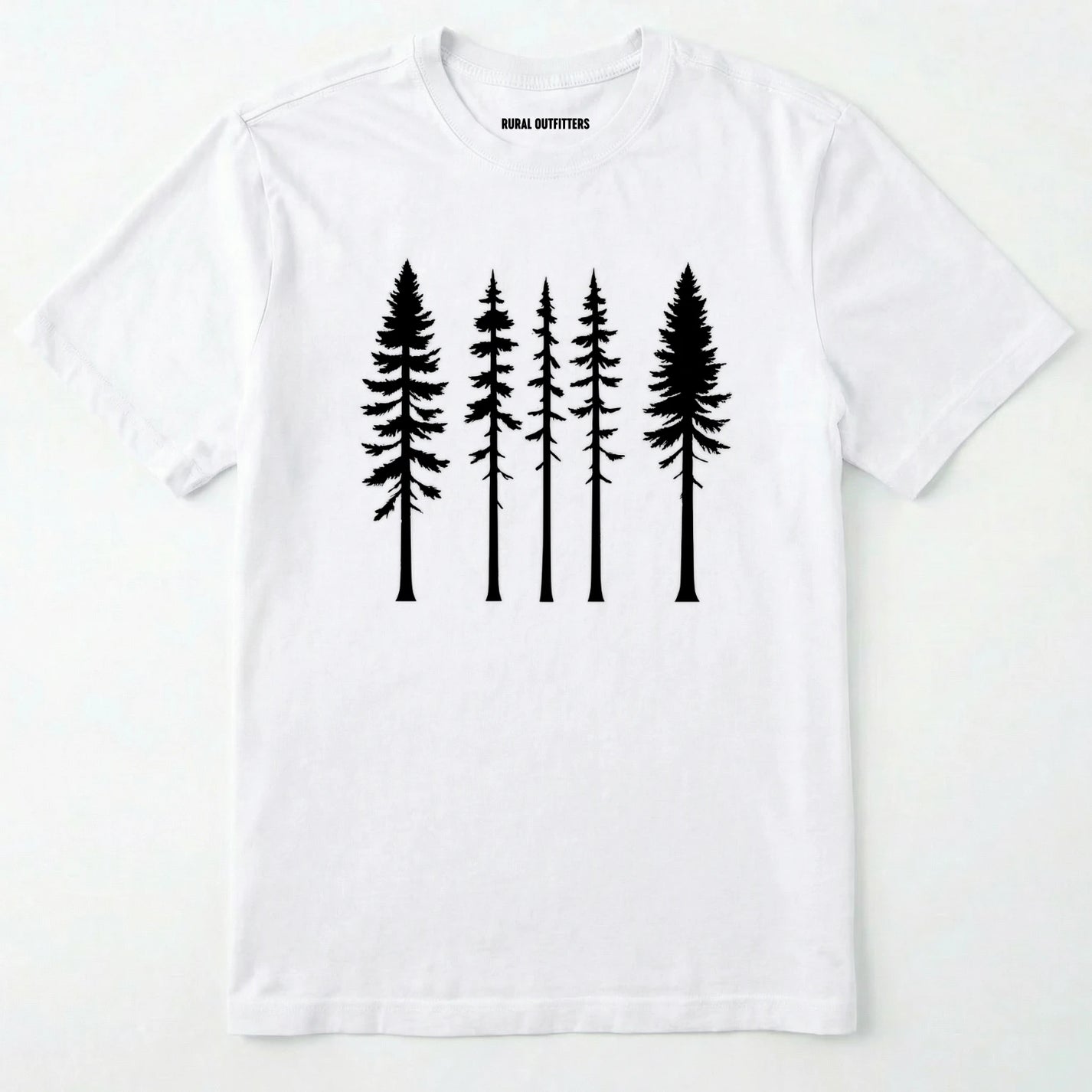 White pine t-shirt with minimalist black tree silhouettes on a white background.