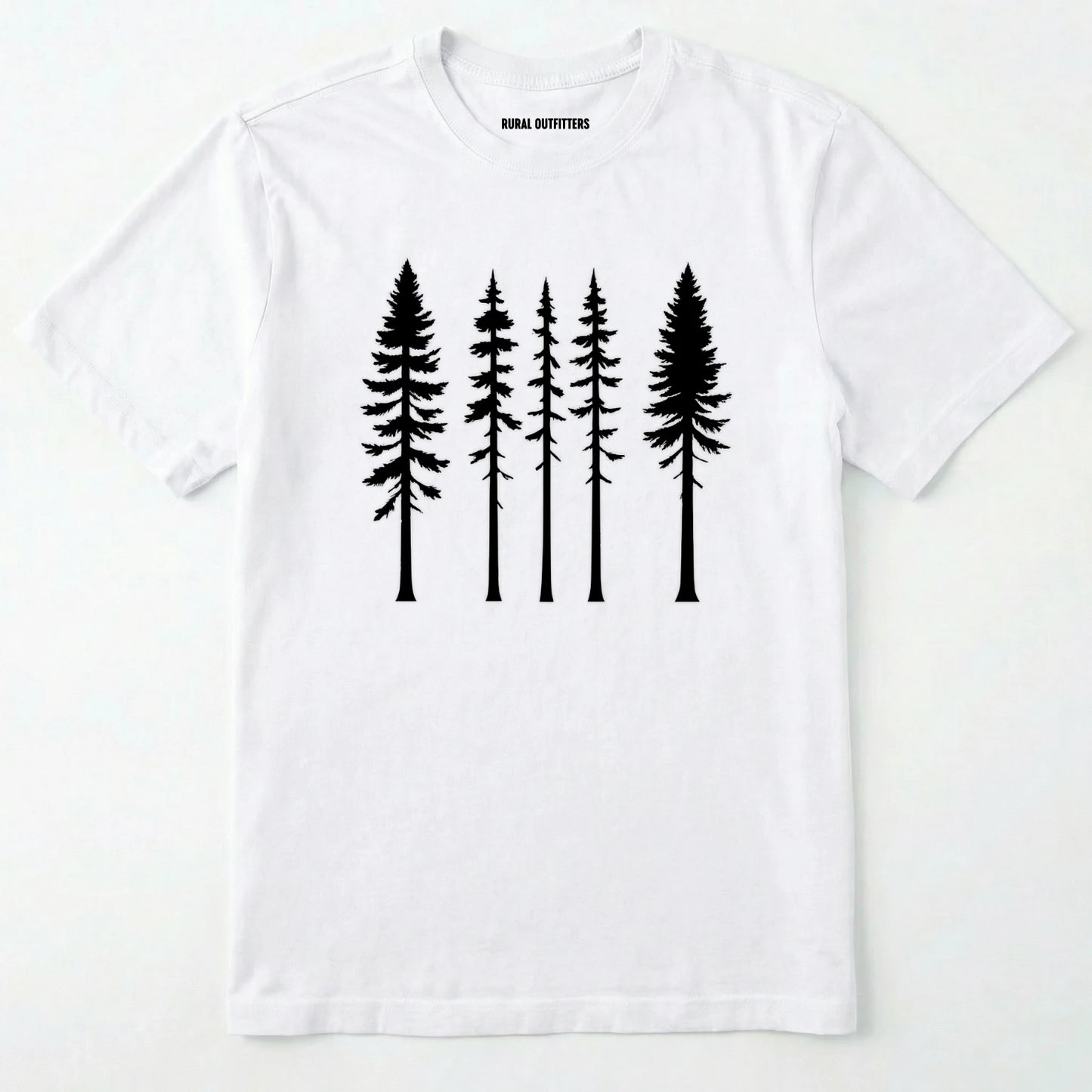 White pine t-shirt with minimalist black tree silhouettes on a white background.