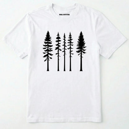 White pine t-shirt with minimalist black tree silhouettes on a white background.