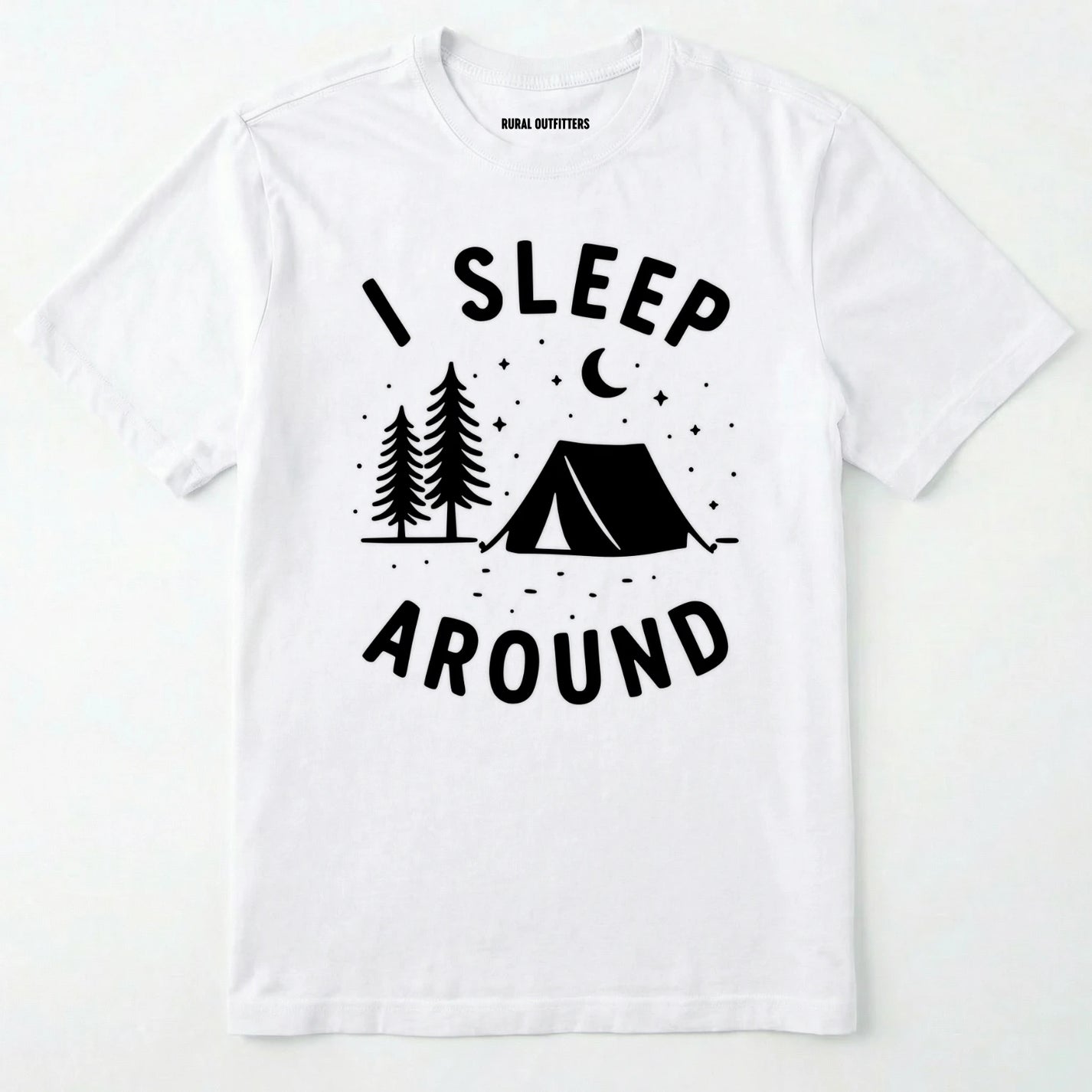 White i sleep around camping shirt with tent, pine trees, moon and stars design on a white background.