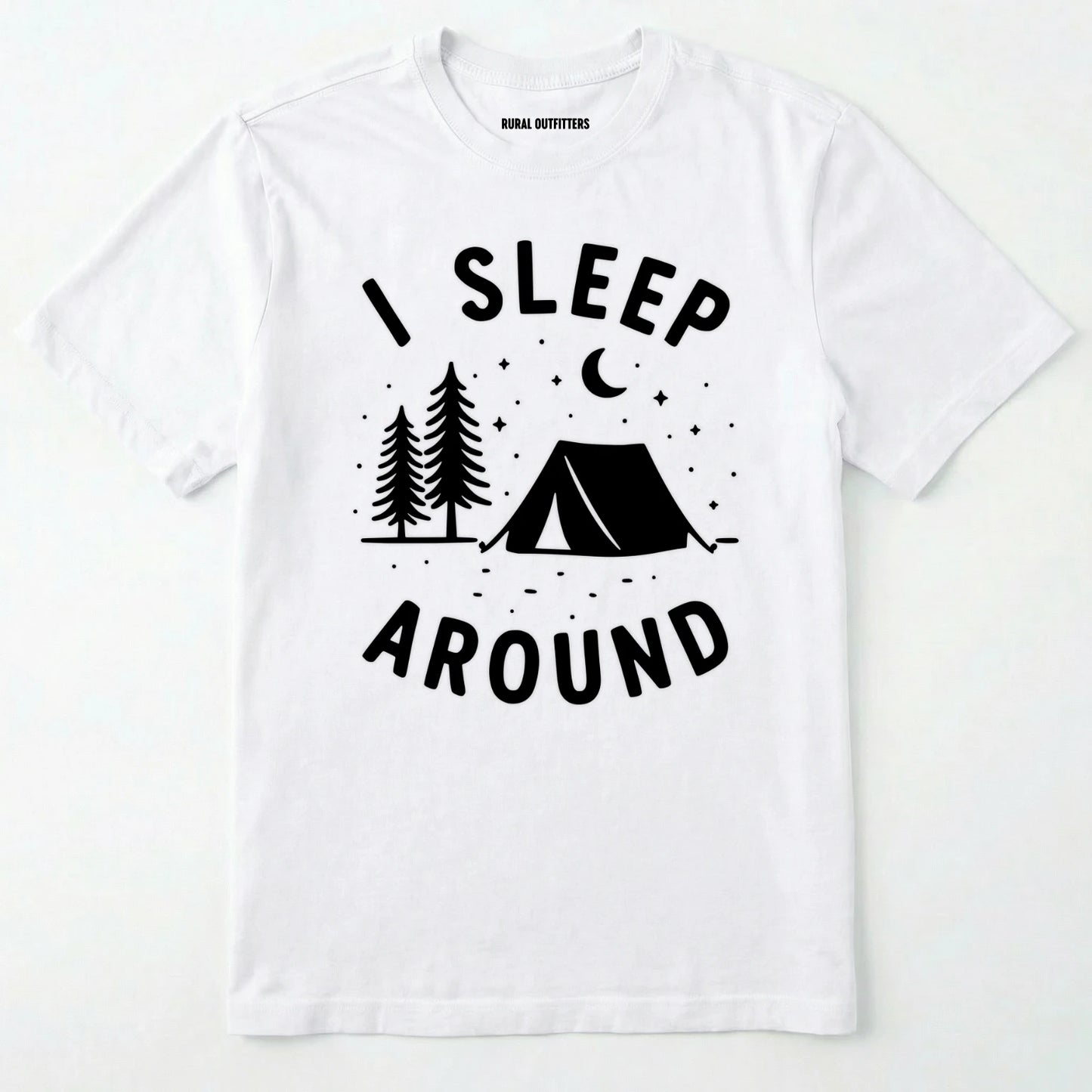 White i sleep around camping shirt with tent, pine trees, moon and stars design on a white background.