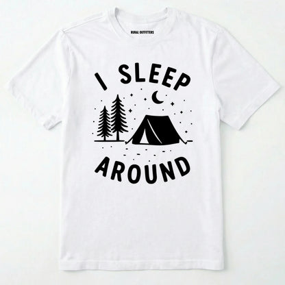 White i sleep around camping shirt with tent, pine trees, moon and stars design on a white background.