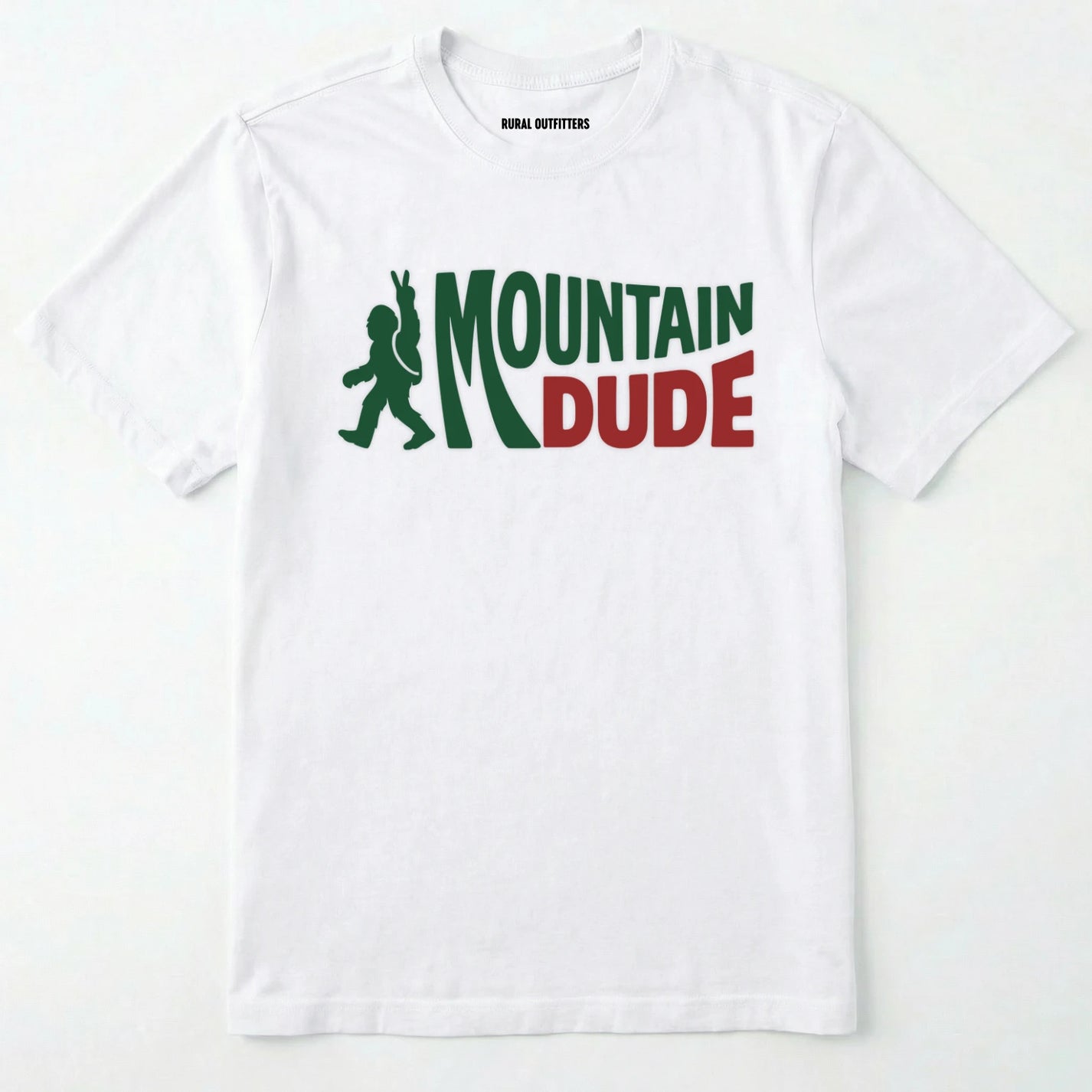 White mountain dude shirt with Military Green and red text and bigfoot graphic on a white background.