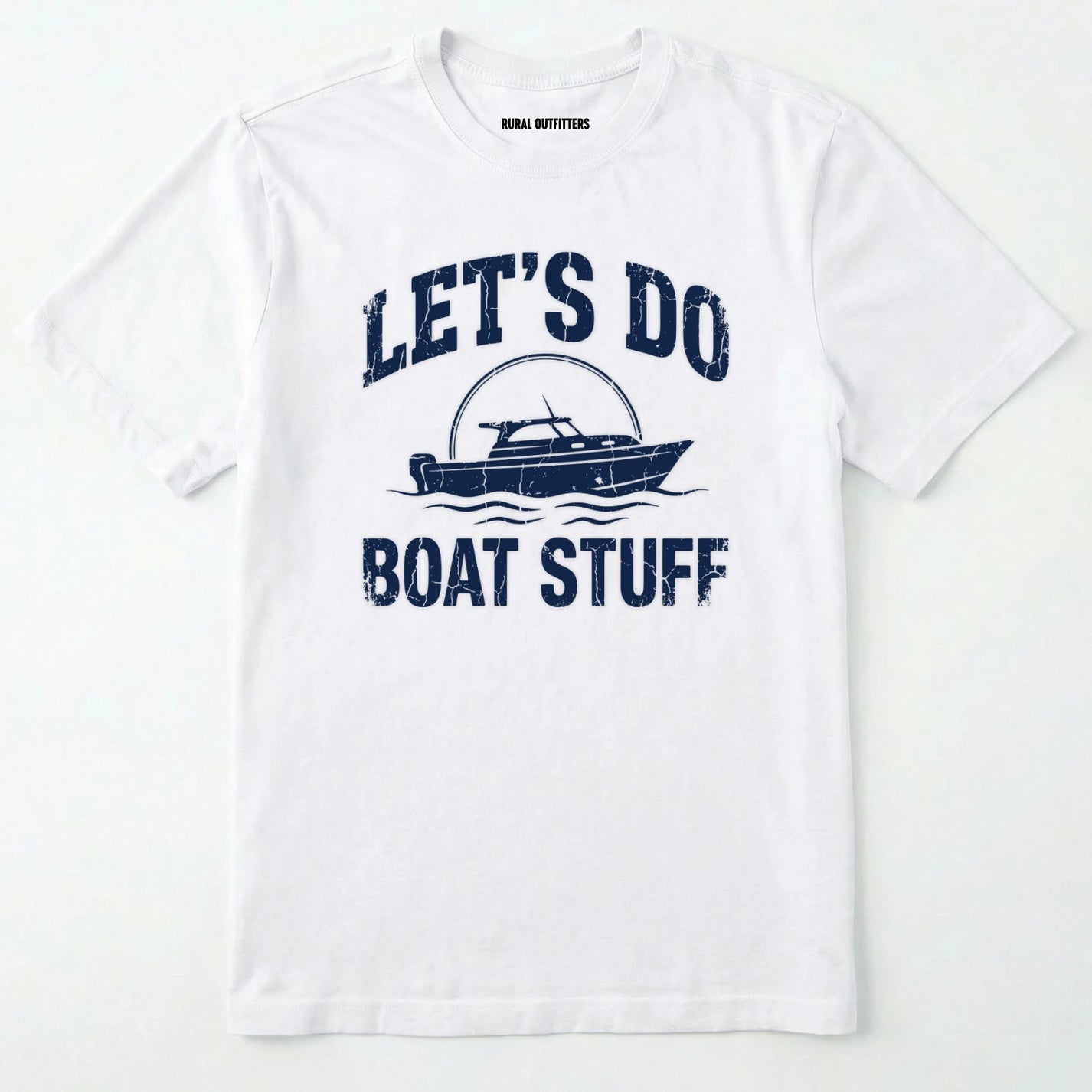 White t-shirt with royal graphic and text 'let's do boat stuff' on a white background