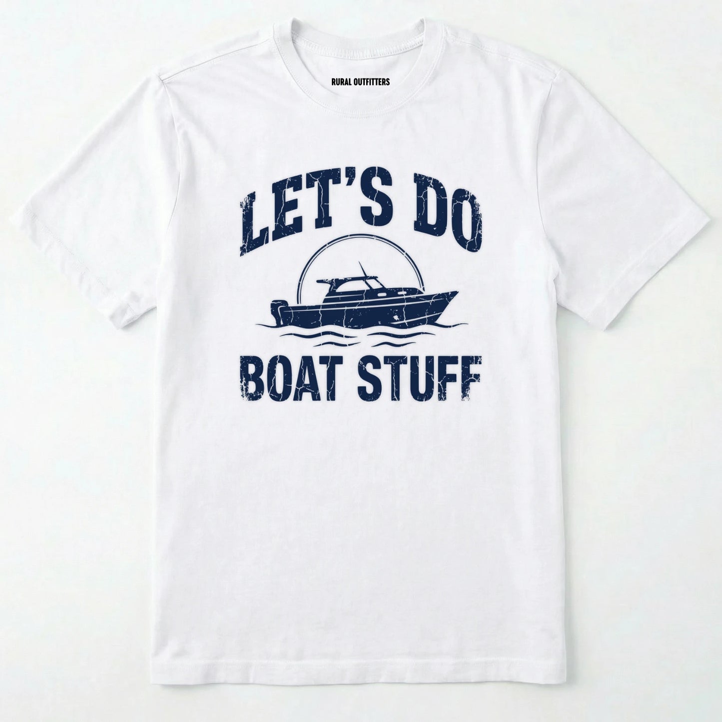 White t-shirt with royal graphic and text 'let's do boat stuff' on a white background