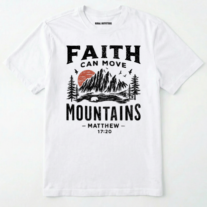 White bible verse t-shirt with 'faith can move mountains' text with outdoor graphic design on a white background.