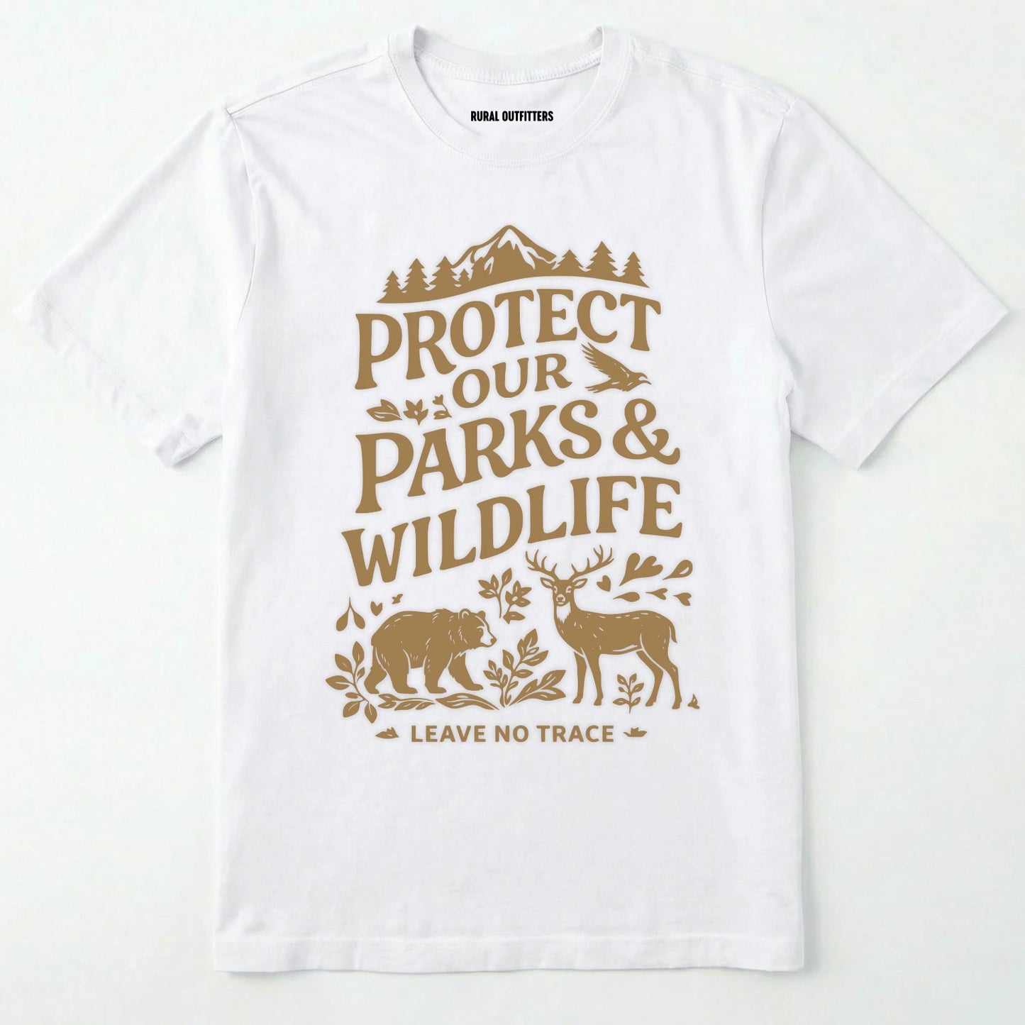 White t-shirt with brown text and nature-themed graphics on a white background