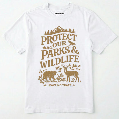 White t-shirt with brown text and nature-themed graphics on a white background