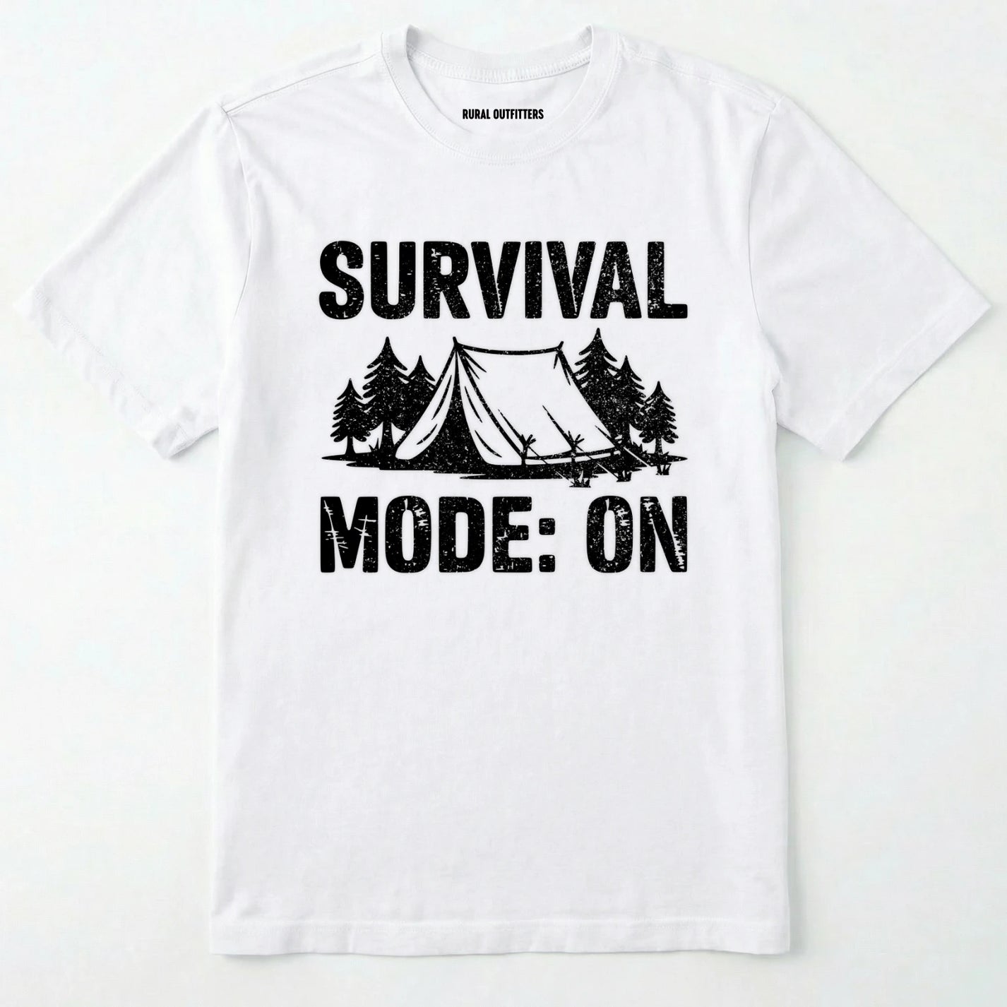 White bushcraft shirt with survival mode on text, featuring a tent and a pine tree design on a white background.
