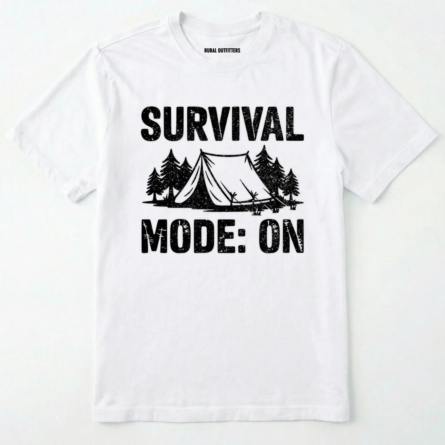 White bushcraft shirt with survival mode on text, featuring a tent and a pine tree design on a white background.