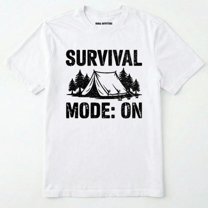 White bushcraft shirt with survival mode on text, featuring a tent and a pine tree design on a white background.