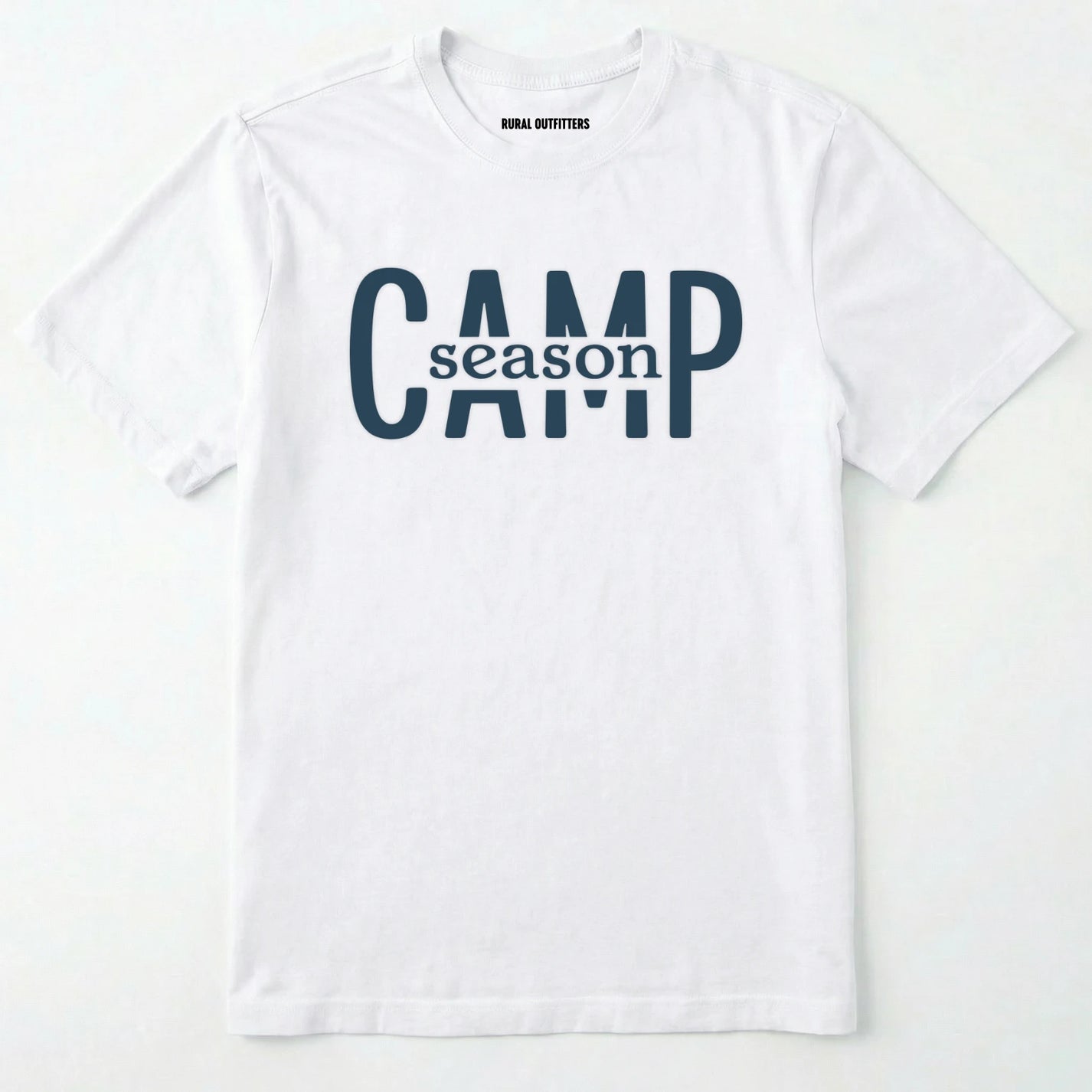 White camp season shirt in simple bold text on a white background.