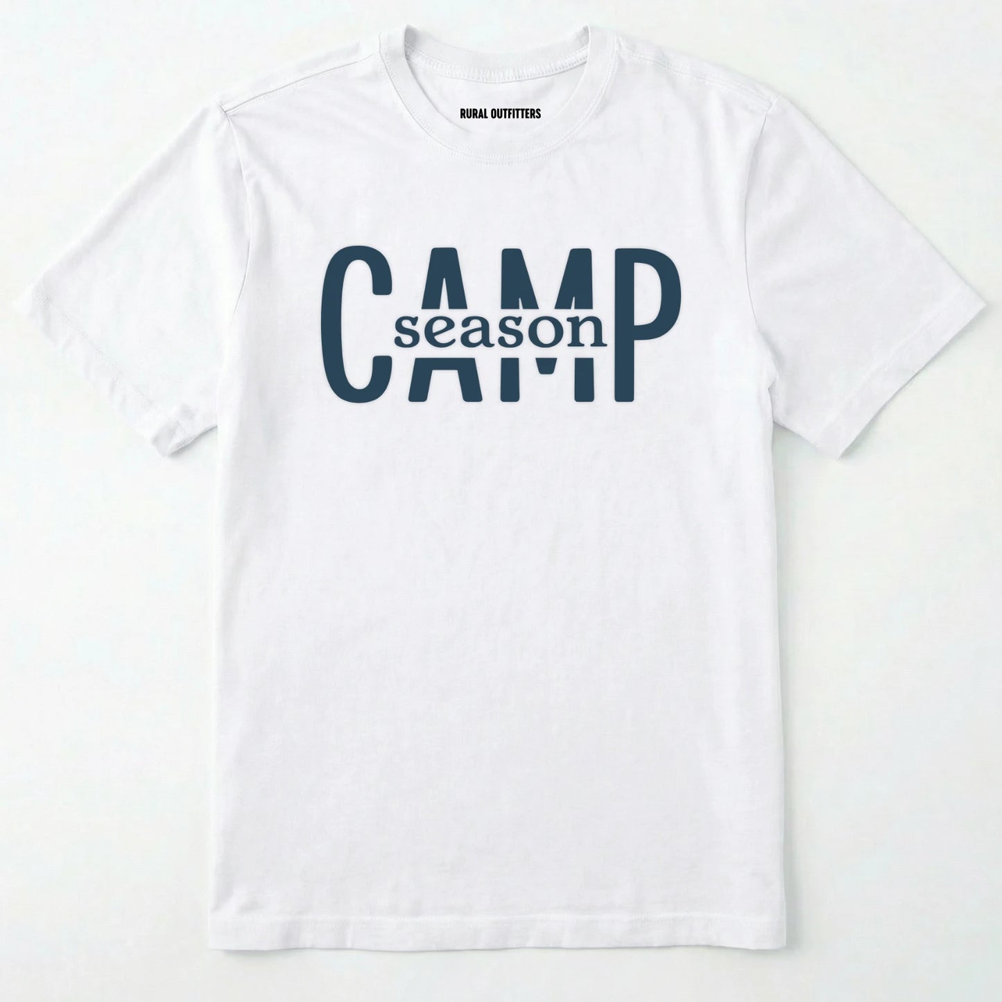 White camp season shirt in simple bold text on a white background.