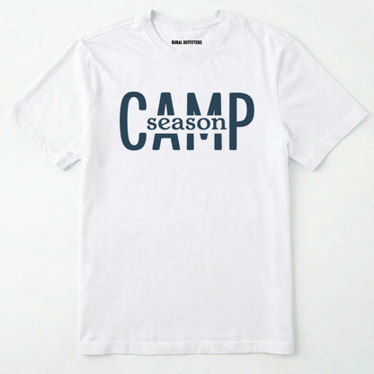 White camp season shirt in simple bold text on a white background.