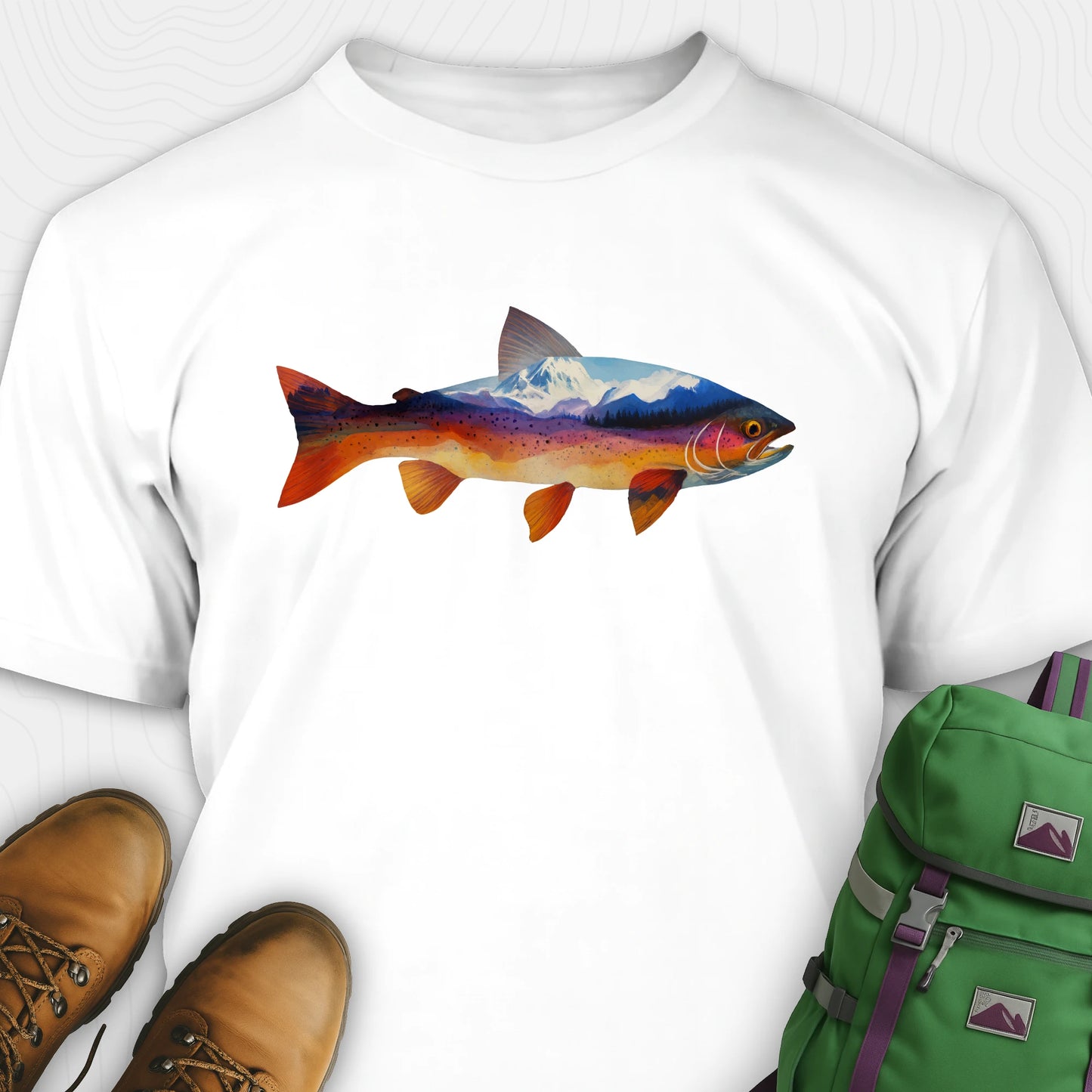 White fish shirt with a colorful trout and mountain landscape graphic