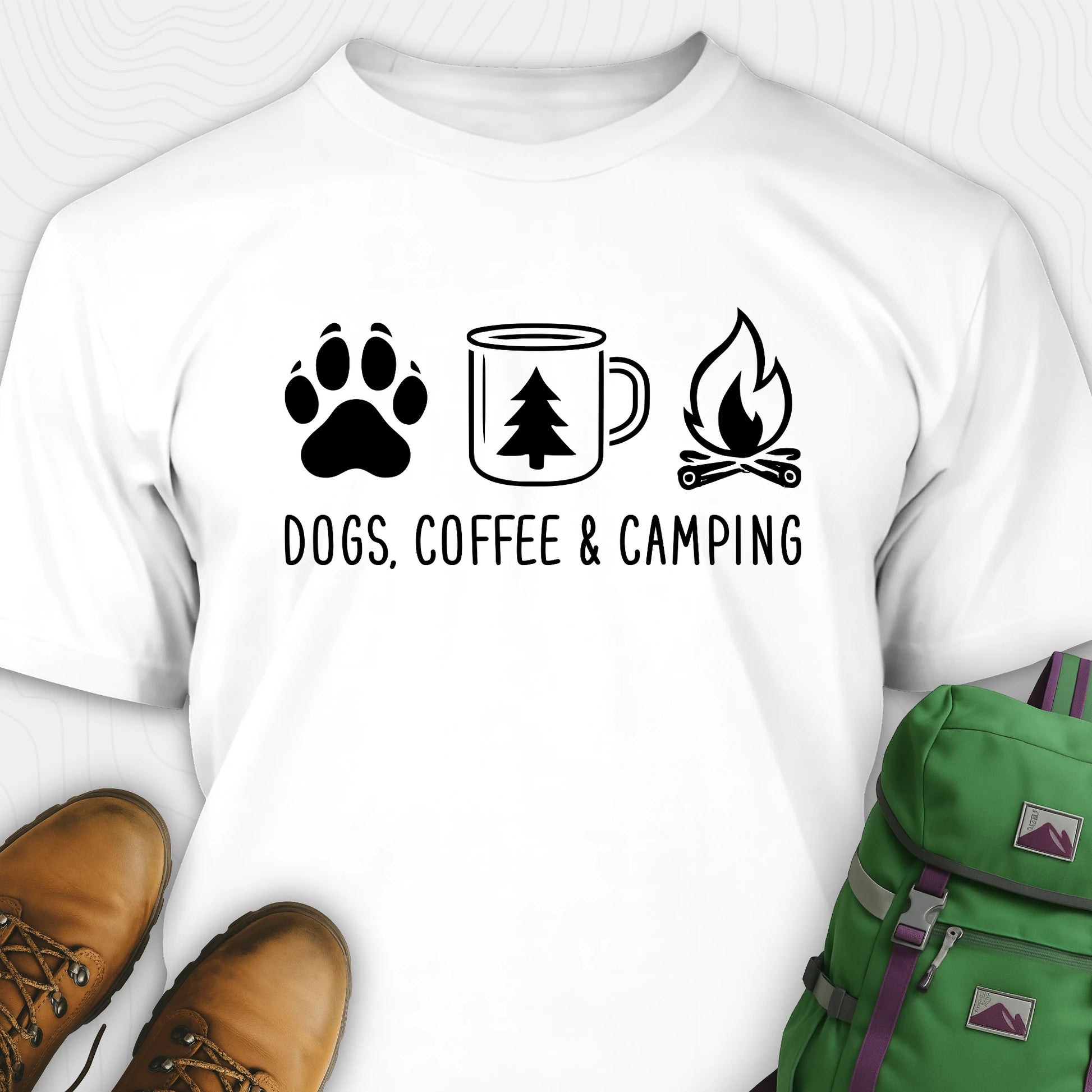 White camping dog shirt with paw print, coffee mug and campfire design