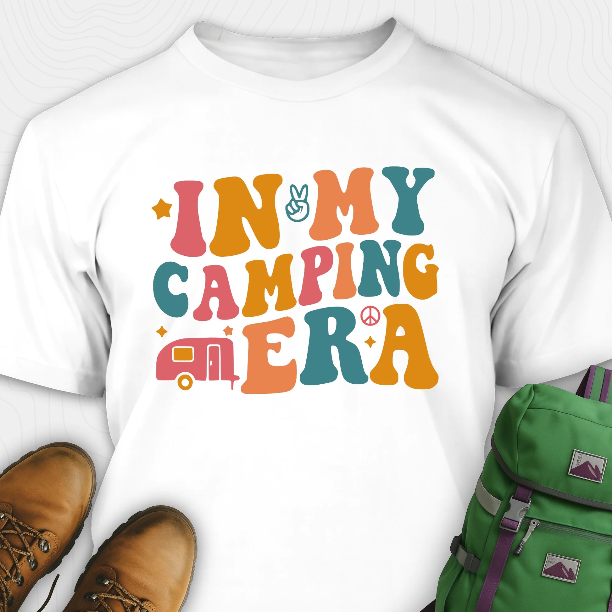 White cute camping shirt with colorful retro “in my camping era” graphic